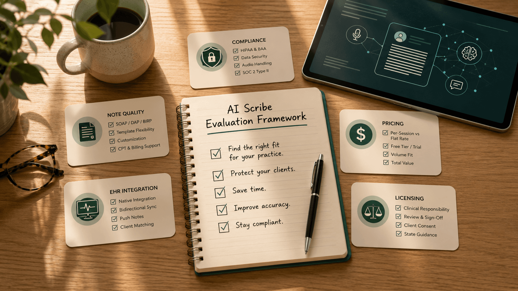 AI scribe evaluation framework for therapists showing note quality, compliance, EHR integration, pricing, and licensing criteria on cards around a checklist notebook