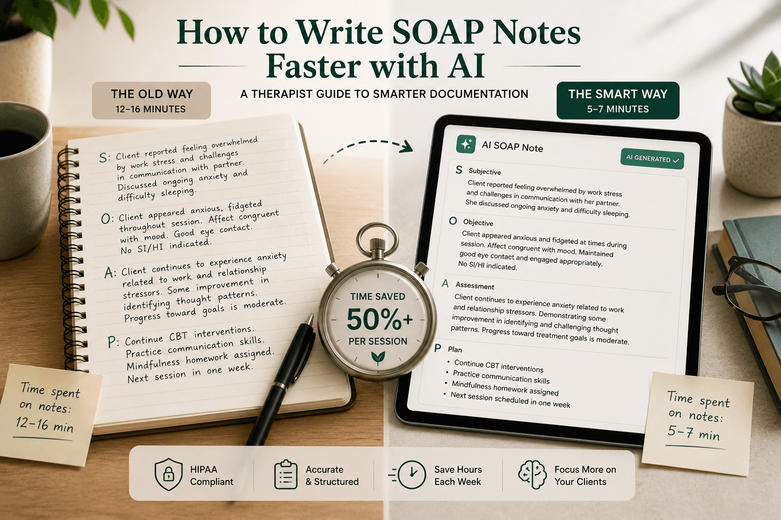 Side-by-side comparison of handwritten therapy SOAP notes and AI-generated SOAP notes on a tablet, highlighting faster documentation and reduced administrative workload for therapists.